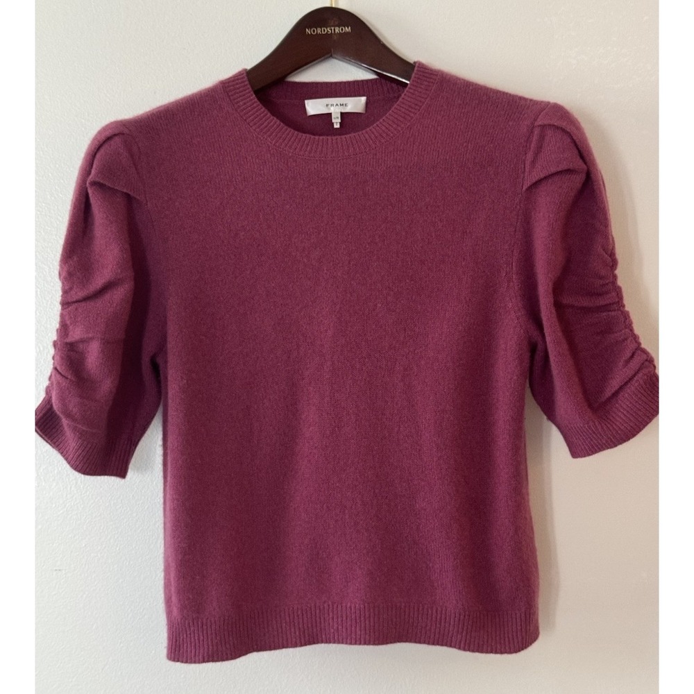 FRAME Ruched Sleeve 100% Cashmere Cropped Sweater in Dragon Fruit Pink Large - Picture 4 of 11